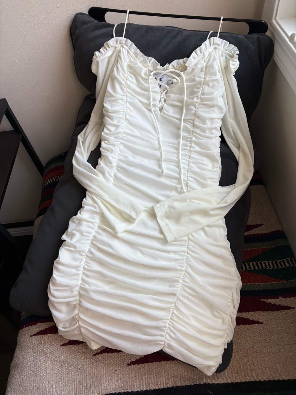 White Ruched Long Sleeve Mesh Mini Dress